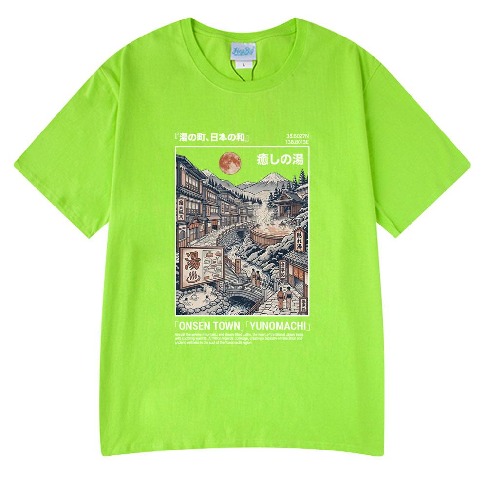 

Onsen Town Yunomachi T-shirt Retro Japanese Style Hot Spring Illustration T Shirt Summer Couple Cotton Casual Tshirts Streetwear 4XL