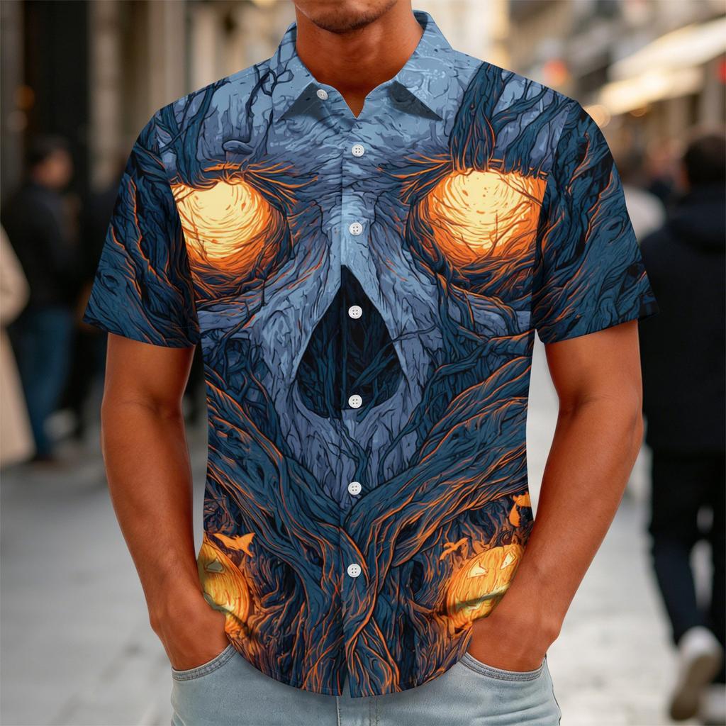 Men's Halloween Print Vintage Button Down Cardigan Shirt - Loose Fit Breathable Summer Casual Streetwear Top