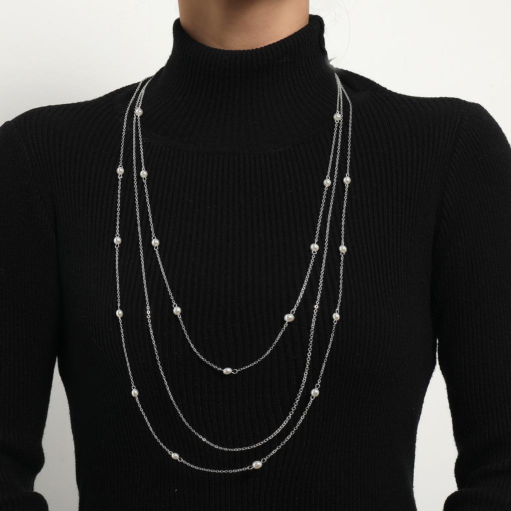 Long Autumn and Winter Elegant Imitation Pearl Level Necklace Women's Geometric Trend Sweater Chain