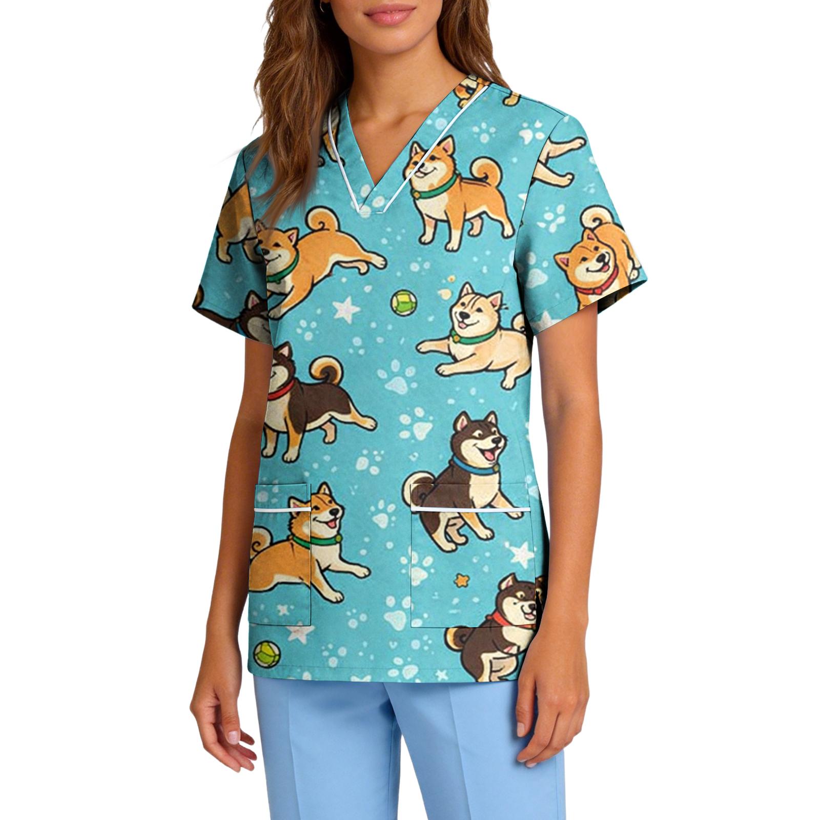 

Women s Stretch Quick-Dry V-Neck Short Sleeve Workwear Top with Animal Print & Pockets L циан