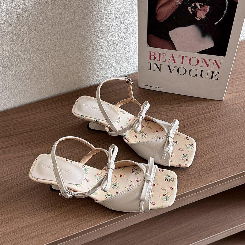Fashion Summer Square Toe Shallow Women Slippers Bow Elegant Mid Heels Shoes Designer Pumps 2025 Trend Fad New Brand Sandalias De Mujer