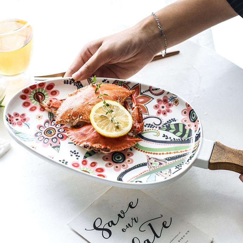 Ceramic Salad Plates with Handle,Porcelain Dinner Plates,Colorful Floral Pattern Serving Plate for Desserts Sandwiches Dishes