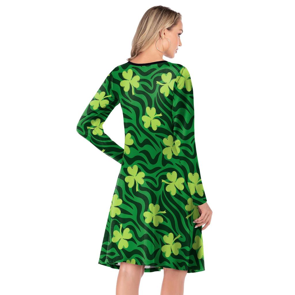 Irish Shamrock Digital Print Long Sleeve Dress - Round Neck, European & American Style