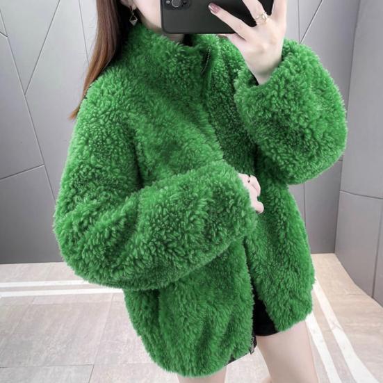 Winter Lady Coat Thickened Double-sided Faux Fleece Solid Color Stand Collar Neck Protection Letter Decor Long Sleeves Keep Warm Outdoor Travel Jacket