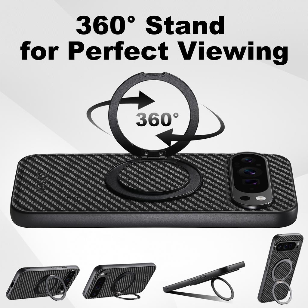 SUTENI G3 For Google Pixel 10 Pro XL Magnetic Case 360 Degree Rotating Kickstand Carbon Fiber Texture PU Phone Back Cover