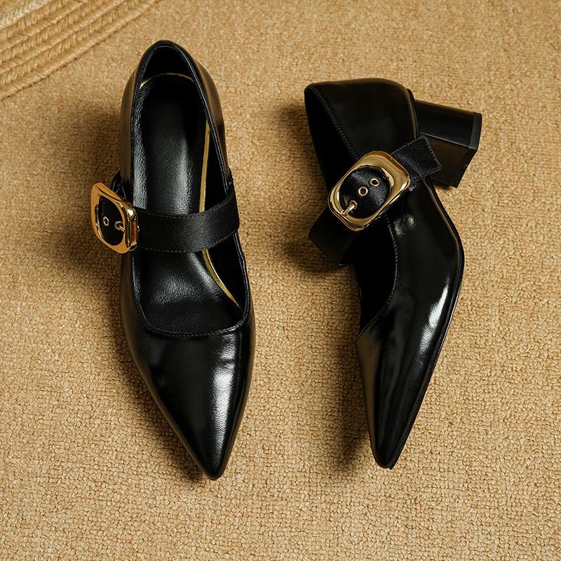 Fashion 2025 New Spring Women Pumps Pointed Toe Genuine Leather Women Shoes Buckle Strap Mary Janes Ladies Shoes Cowhide Leather
