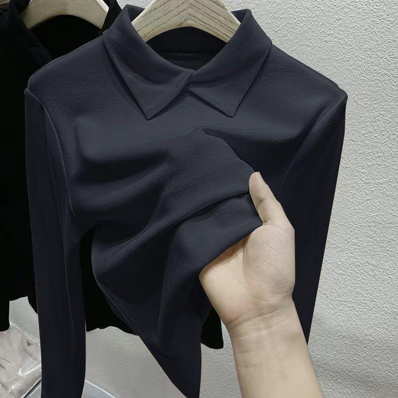 Autumn and Winter Women's Double-sided Velvet Base Shirt Soft Skin-friendly Polo Collar Base Shirt Slim Fit Warm Solid Color Stretchy Pullover Top