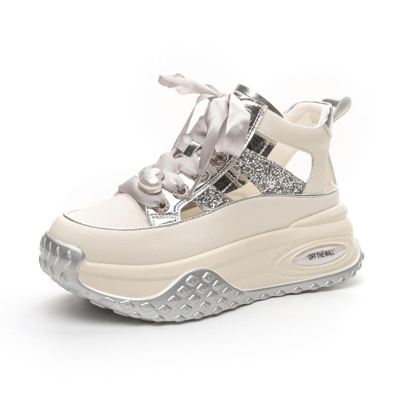 

Новые белые волшебные цвета из натуральной кожи со стразами, летние кроссовки, сандалии, толстая подошва, увеличивающая рост, женские сандалии 5,5 см 39