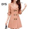Fall Winter Women Jacket Double breasted Lapel Mid Length Solid Color Pleated Long Sleeve A line Tight Waist OL Commute Style Lady Jacket Trench Coat