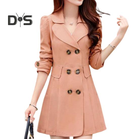 Fall Winter Women Jacket Double Breasted Lapel Mid Length Solid Color Pleated Long Sleeve A Line Tight Waist OL Commute Style Lady Jacket Trench Coat
