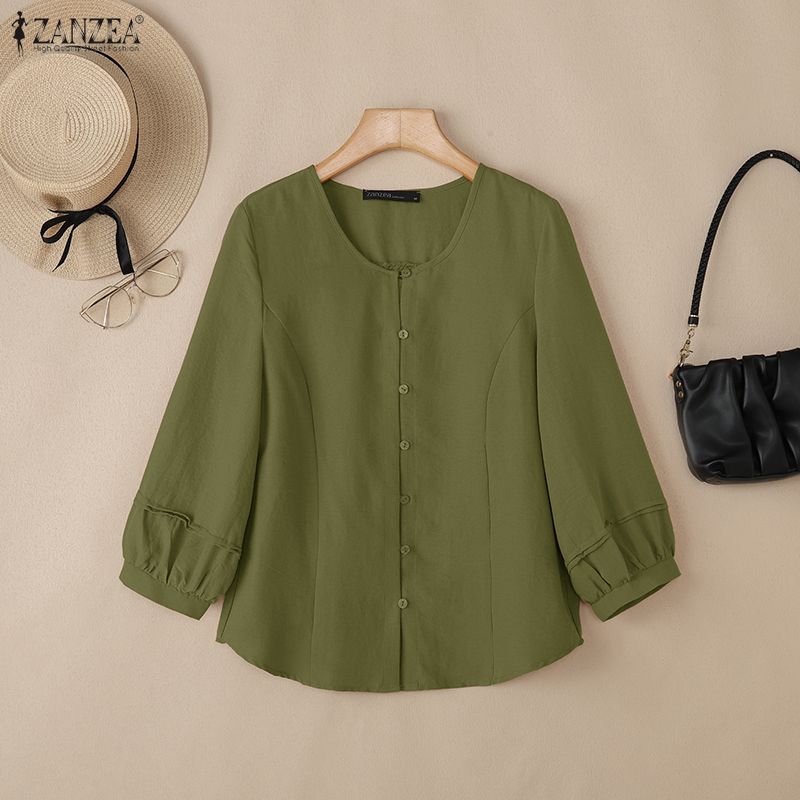 ZANZEA Women Casual Round Neck Solid Color 3/4 Sleeve Blouse