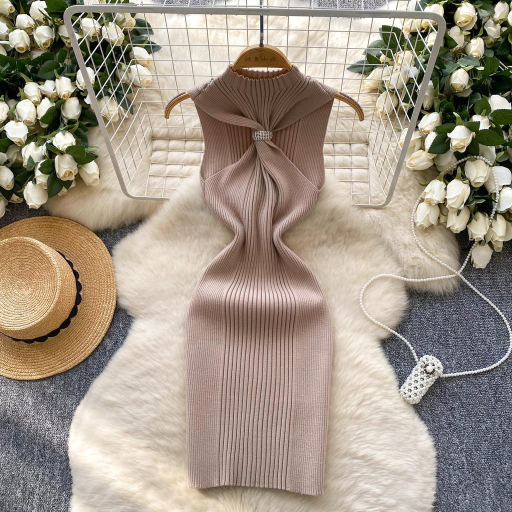 Muse Fan temperament hollow kink tube top sleeveless knitted dress women's summer slim and thin Spice girl hip wrap skirt
