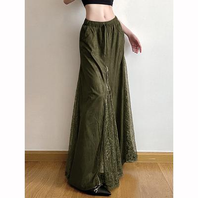 Women Vintage Suede Nap Lace Patchwork Hem Zip Long Skirt Cyber Y2K Chic Drawstring Pocket A-line Skirts Lady Streetwear