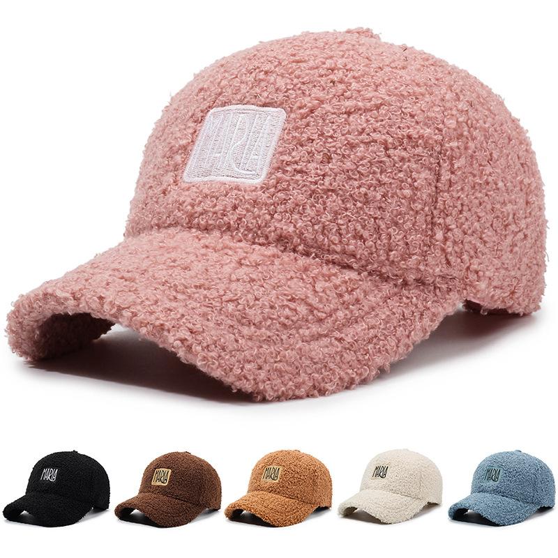 Women Embroidered Letter Hat Lamb Wool Autumn Winter Baseball Cap