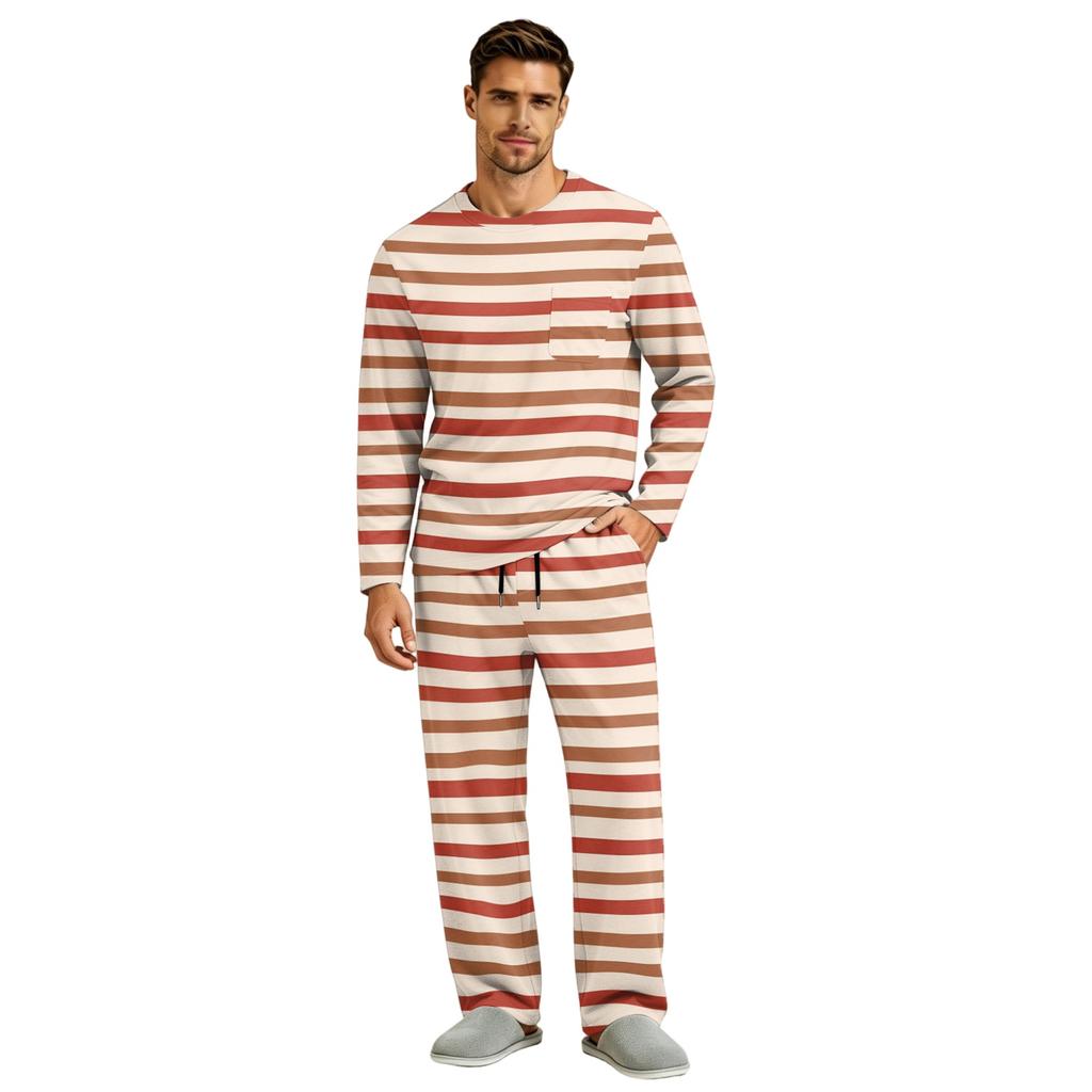 Men's Long Sleeve Pajama Set with Button Crotch and Elastic Drawstring Waist Pants for Home Loungewear