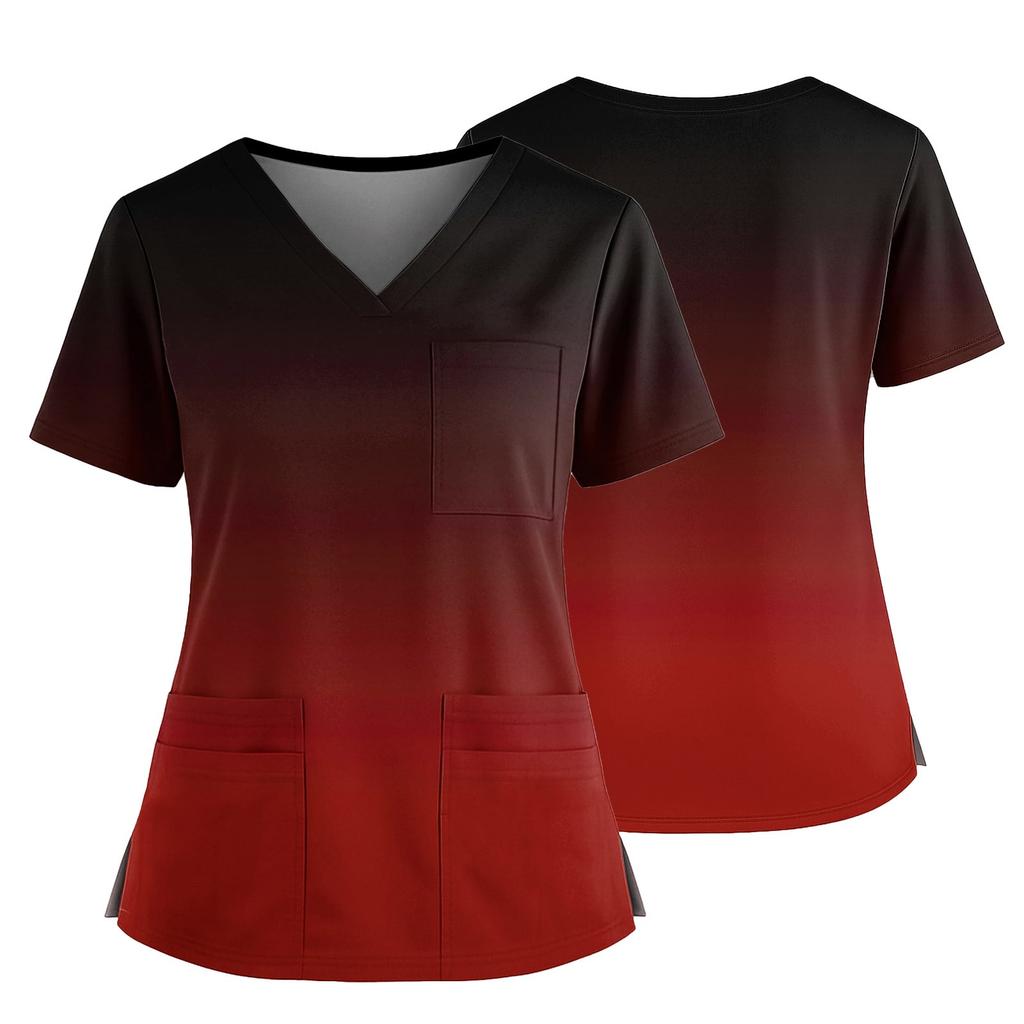 Damen Casual Bedrucktes V-Ausschnitt Taschen Seitennaht Schlitz Kurzarm Top