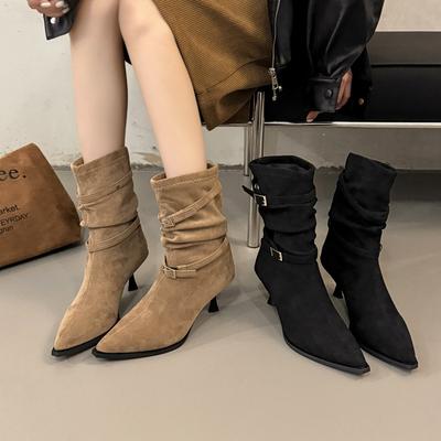 Pointed High-heeled Short Boots Women's 2025 New Autumn Retro Pleated Piled Boots Thin Heels Western Thin Boots