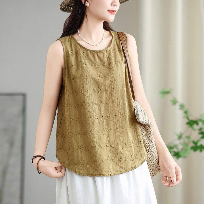 Summer Pure Cotton Embroidered Sleeveless Vest for Women