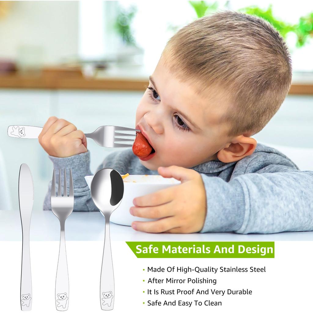9Pcs Kids Silverware Set 410 Stainless Steel Kids Fork Spoon and Cutter Set Safe Ergonomic Toddler Utensils for Kids Boys Girls