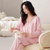 Women's V-Neck Long-Sleeve Pajama Set - Lycra Cotton, Sweet & Comfortable for Home or Out.