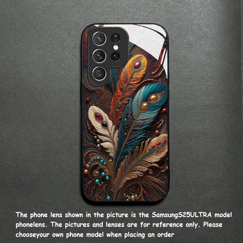 Retro feather tempered glass phone case suitable for Samsung Galaxy S26 S25 S24 S23 S22 S20 FE/Ultra/Plus shock absorption