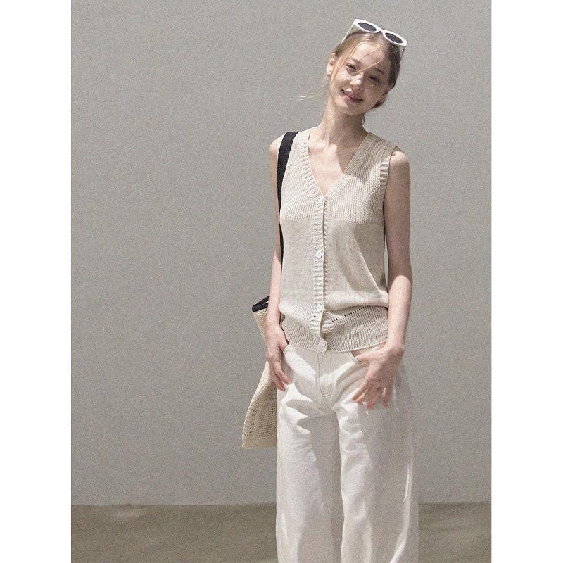 apricot v-neck knitted cardigan vest top women's summer sleeveless vest small short wear vest outside
