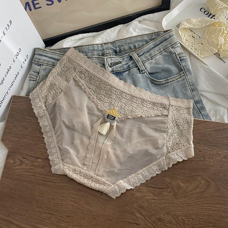 Französische Satin-Spitzen-Unterhose für Damen, mittlere Taille, reines Verlangen, schwarz, sexy Spitze, leicht durchgehöhlte Mädchen-Slips