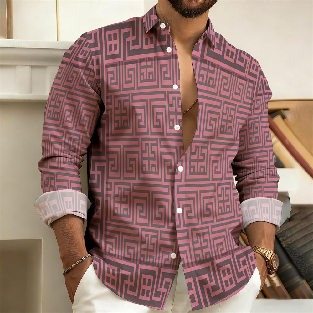 Men's Long-Sleeved Polo Shirt, Vintage Print Style with Greek Key Pattern, Elegant, Comfortable, and Stylish Men's Top