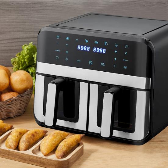 Friteuses à air chaud double zone avec fenêtre de visualisation Capacité 9L Double friteuse à air 2 tiroirs Écran tactile Fonction minuteur intelligent (EU Plug)
