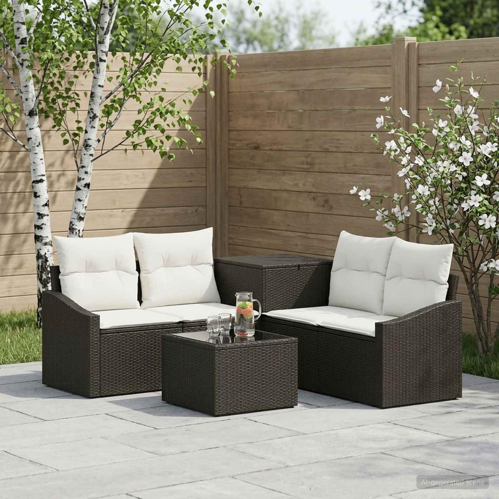 Sofa Set 6 Pieces Black and Cream White Poly Rattan and Steel
