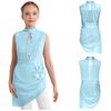 Girls Asymmetrical Skating Dress Sleeveless Backless Cutout Sheer Mesh Overlay Rhinestone Applique Competition Dance Costume