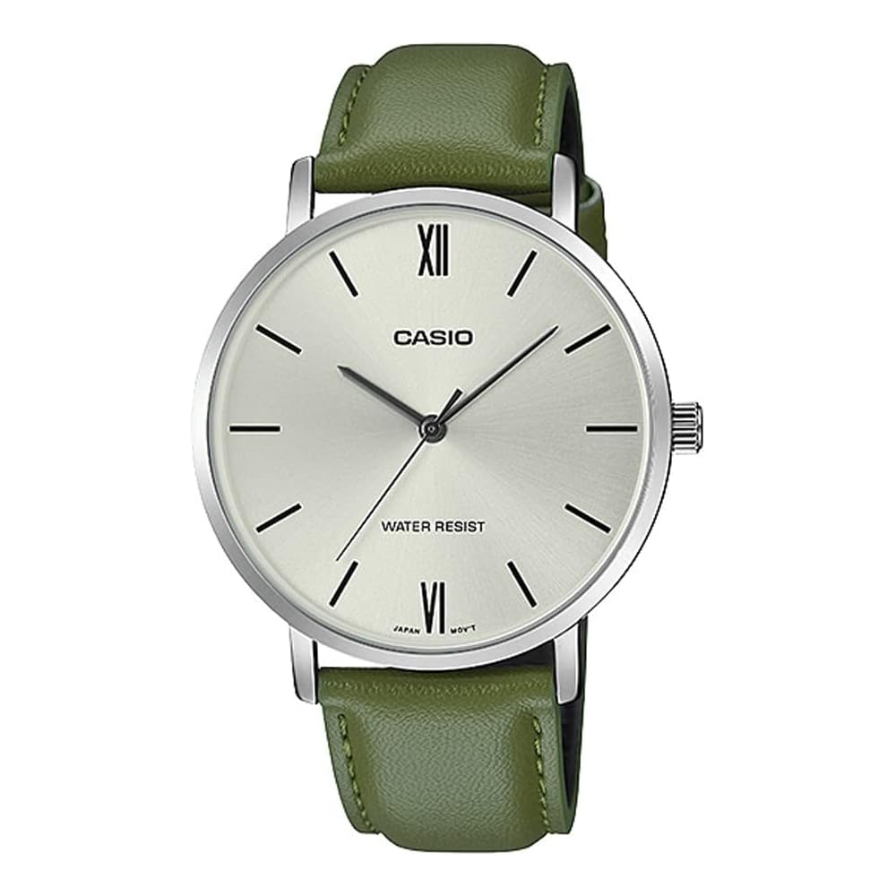 

Casio MTP-VT01L-3B Quartz Men s Watch Silver Green Leather Band Imported Model