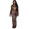 European & American Women's Autumn Leopard Print Hollow Out Long Sleeve Cropped Slim Fit Dress