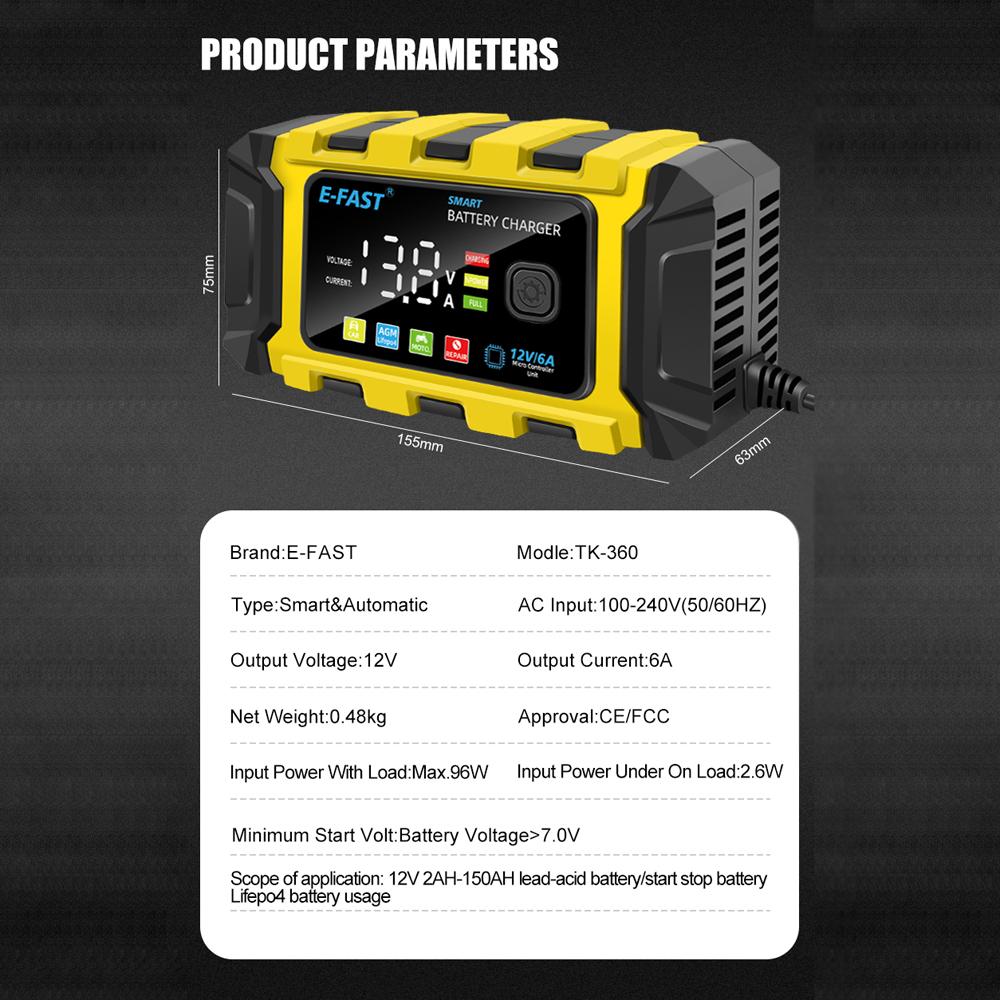 E-FAST Autobatterieladegeräte 12V6A Vollautomatische Batterieladegeräte, tragbar, Erhaltungsladung