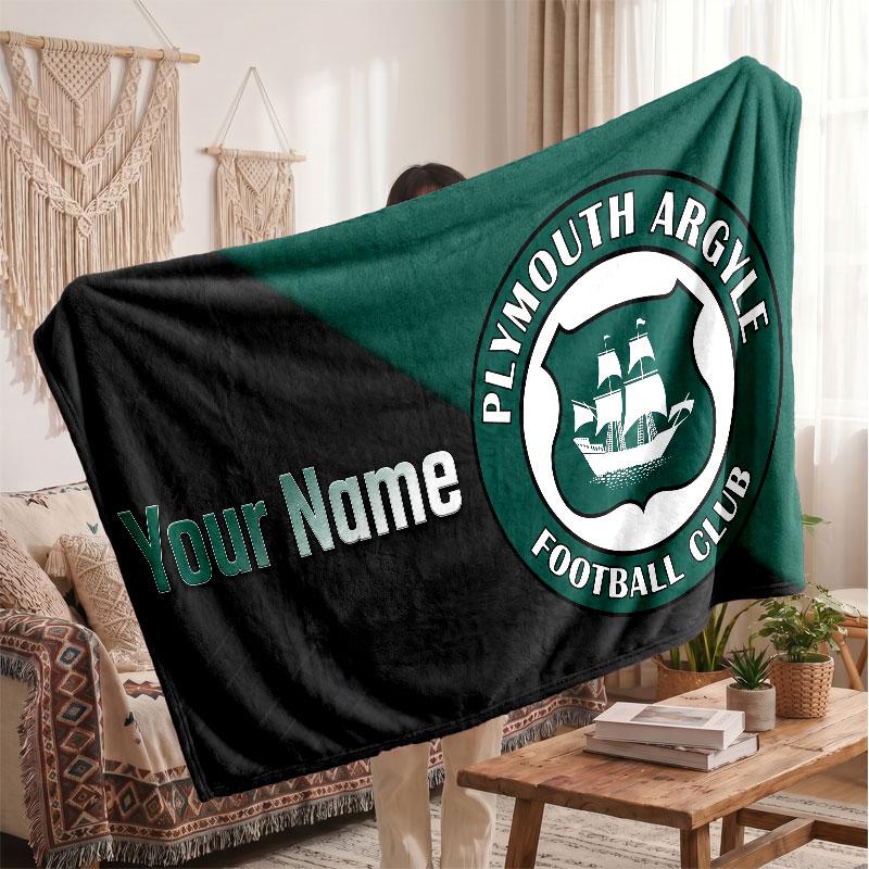 Plymouth Argyle FC Personalized Fleece Blanket With Football Logo, Custom Name Text Soft Warm Home Throw Blanket