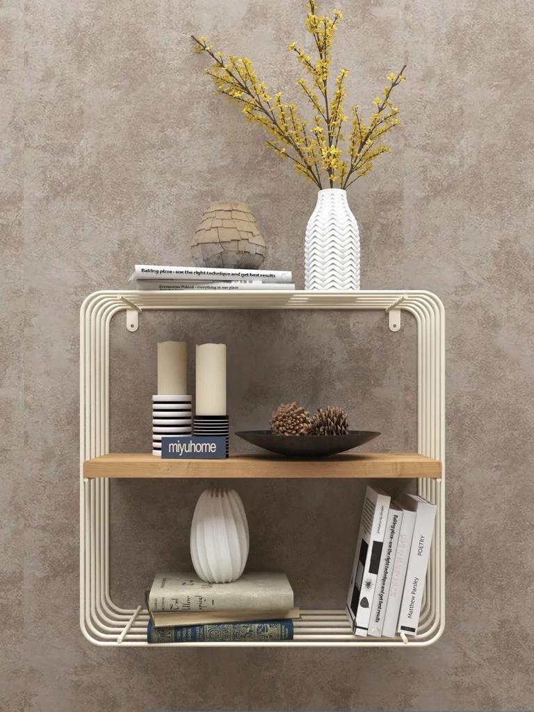 Modern Metal 3 Tiers Wall Shelf Decorative Bookcase with Wooden Shelf Metal Nightstand Home Storage and Organizer