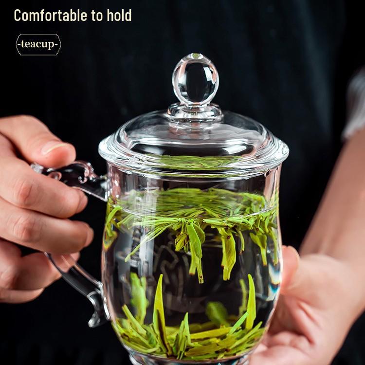Large-Capacity, High-Temperature Resistant Glass Teacup with Handle and Lid for Men