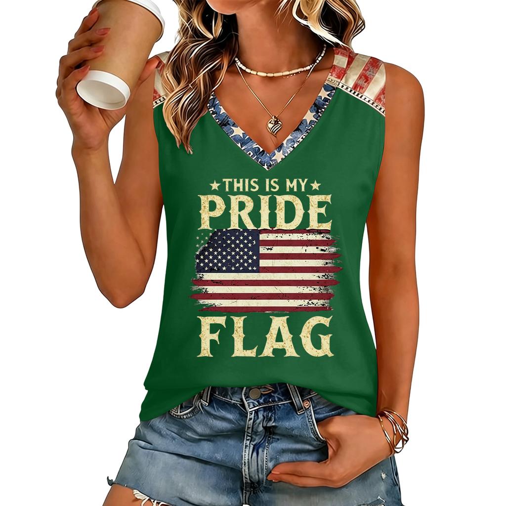 Women V Neck Casual Letter Print Short Sleeve T Shirt Top with Flag Graphic Comfortable Loose Fit Tee Shirt for Daily Wear