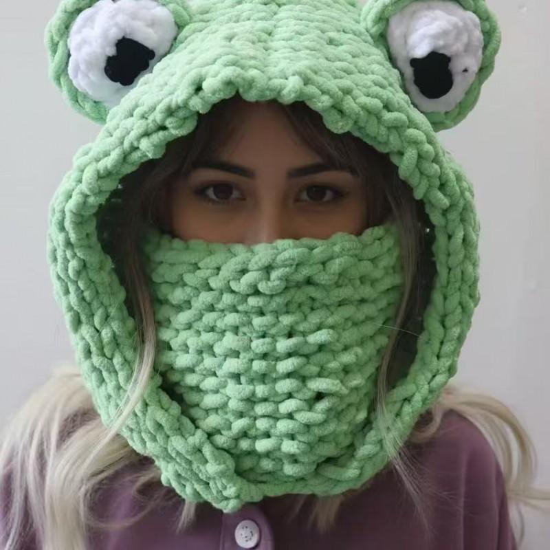 Knitted Frog Ear Warm Hat Women Winter Cute Ins Style Beanie With Eyes Green Blue