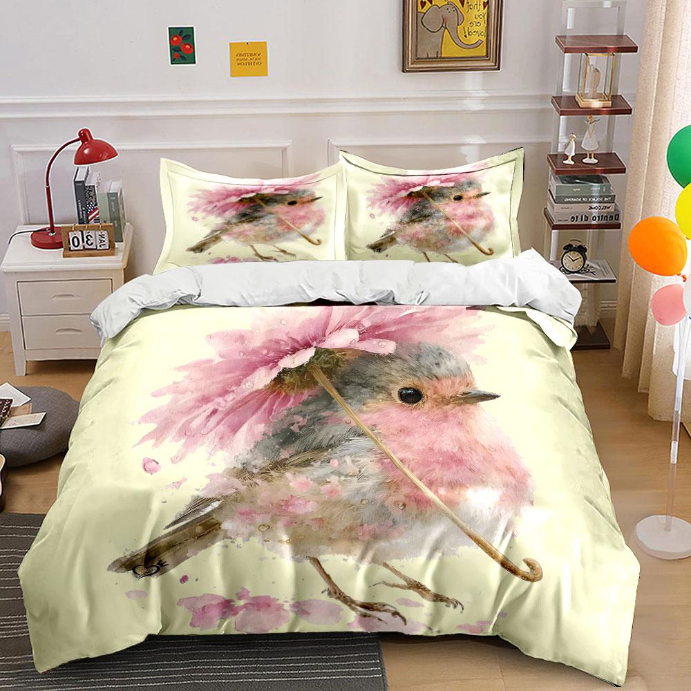 Floral Bird Art Set Decor Bedding Set with 1 Duvet Cover 2 Pillowcases Single Double King Queen, Gift
