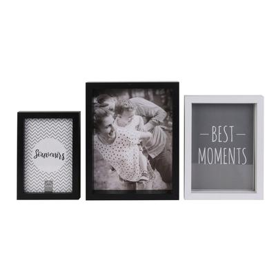 [R2485] - Set of 3 Black White 'Boho' Wooden Photo Frames (recessed) - 22x17x4cm