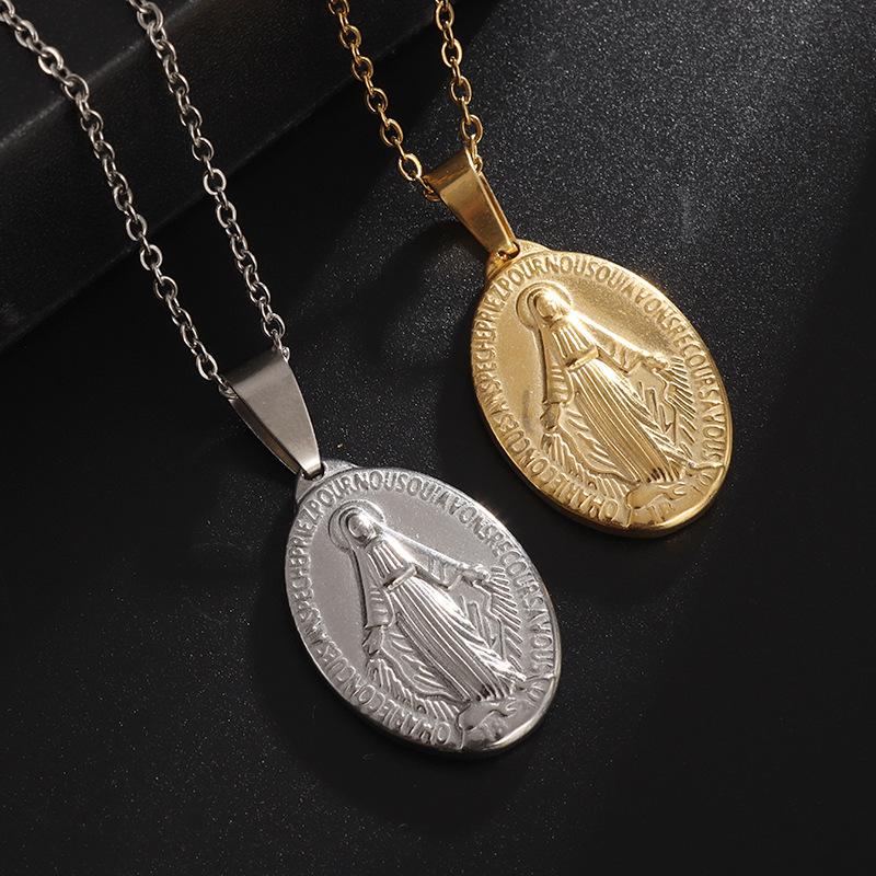 Stainless Steel Madonna Letter Pendant Necklace Coin Jewelry Coin Oval Tide