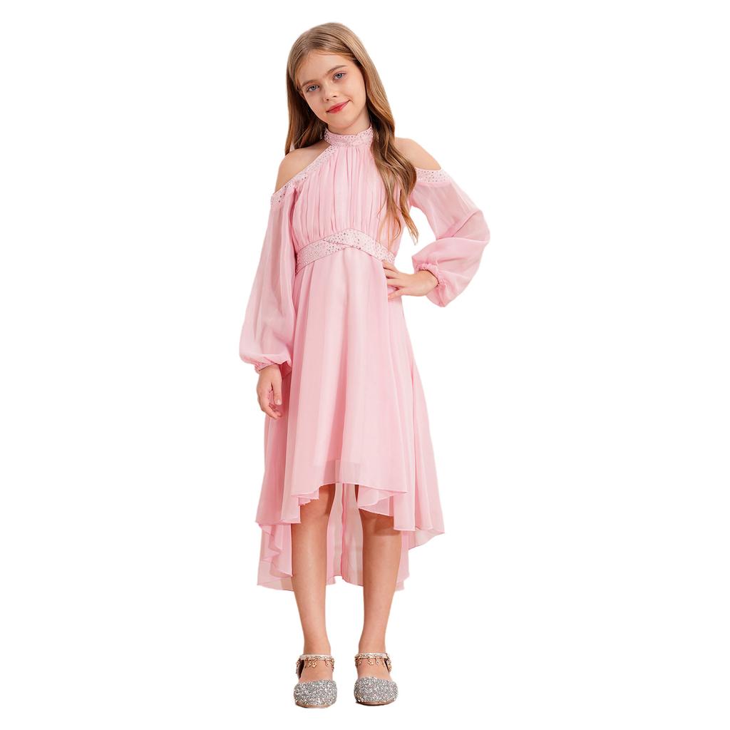 Children‘s High Waist Ruffled Dress Halter Off Shoulder Long Sleeve Irregular Hem Fake Diamond Embellished for Prom Wedding Party