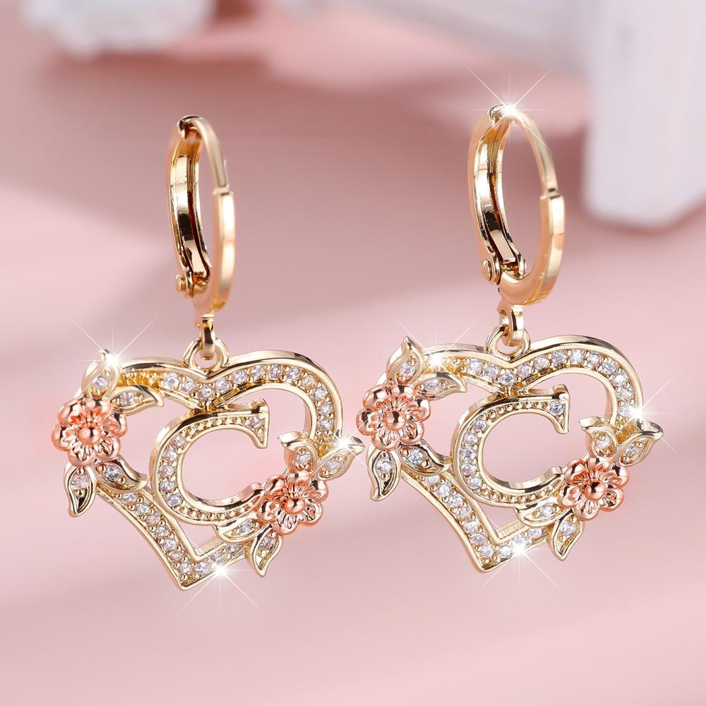 A-Z 26 Buchstaben Damen Herz Blume Creolen Vintage Goldfarbe Weiß Zirkon Hochzeits Schmuck Für Frauen