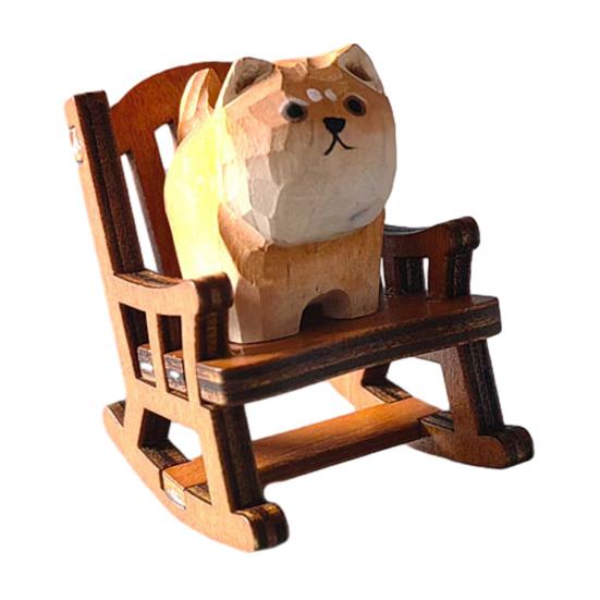 Yousheng Small Hand-Carved Wooden Animal Figurine Cute Rocking Chair Cat/Dog/Fox Statue for Desk Home Office Decor H