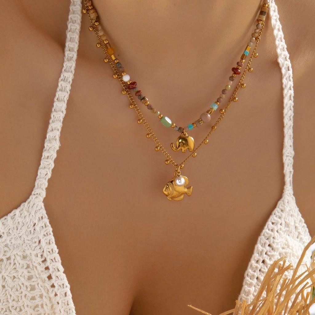 Oceanic Style Stainless Steel Necklace With Pearl And Sun Motif For Vacation Look