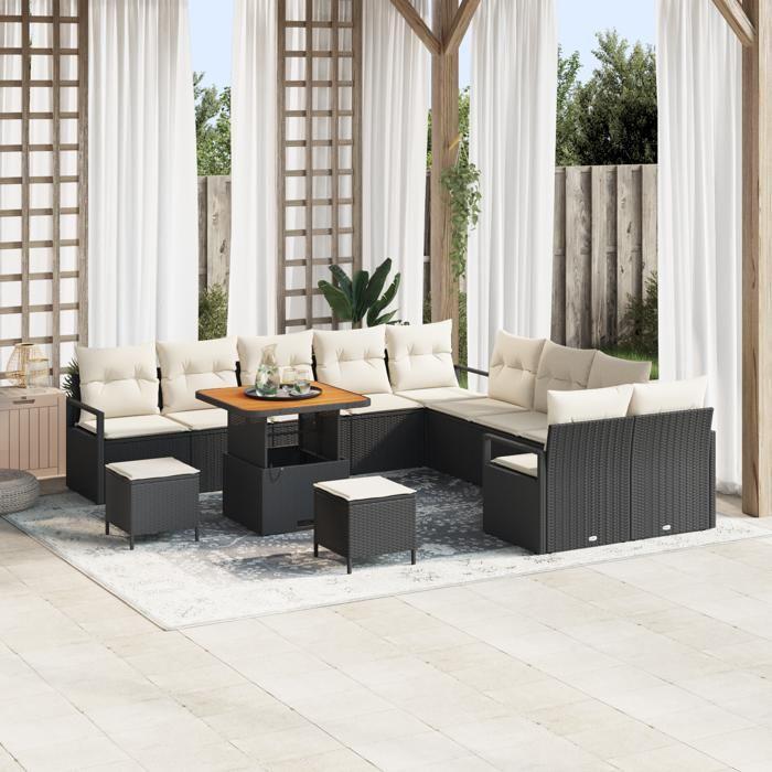Ensemble de canapé de jardin vidaXL 13 pièces avec coussins noir poly rattan acacia, Canapé de jardin vidaXL 2 places 3362580