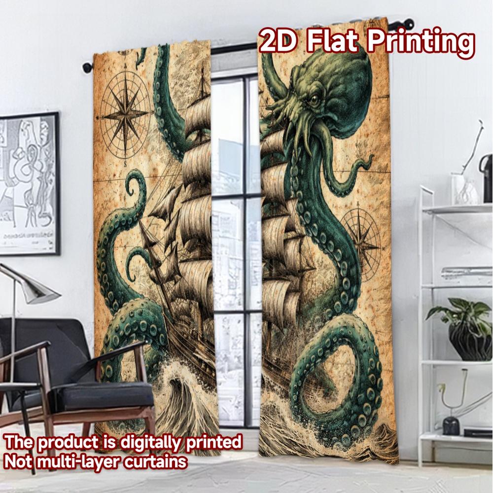 2D FLAT PRINTING 2pcs Curtains (Without Rod) Kraken Attacks Ship Modern Minimalist Curtains Machine Washable Fabric Curtains