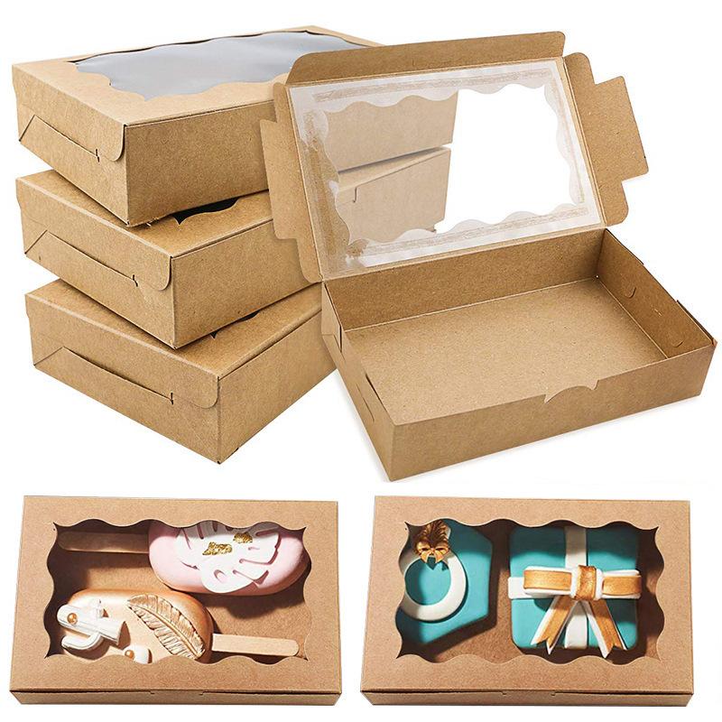 10PCS Kraft Paper Cake Candy Boxes Rectangle Open Window Wedding Jewelry Chocolate Gift Packaging Boxes Baking Party Supplies