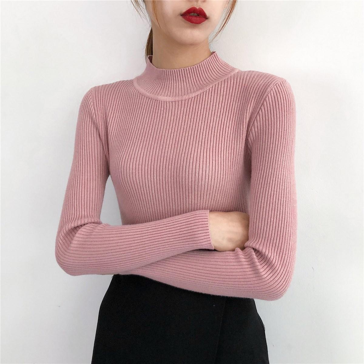 Женские облегающие вязаные свитера Рубашка осеньзима 2023 с длинным рукавом и полувысоким воротником и внутренним слоем One size fits 80-140 jin 1274₽